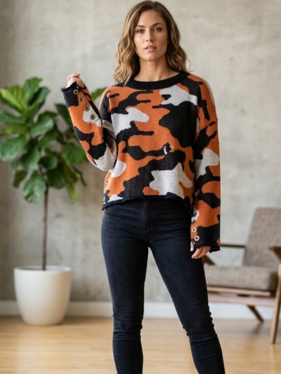 POL Sweaters - POL Orange, Black & Cream Camouflage Crewneck Sweater NWT Size S
